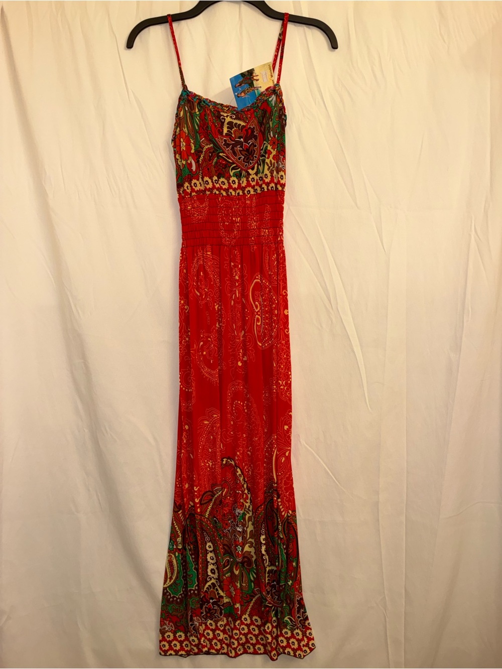 NWT Fashion Miniskirt Red Paisley Silk Blend Smocked Maxi Dress XL Boho